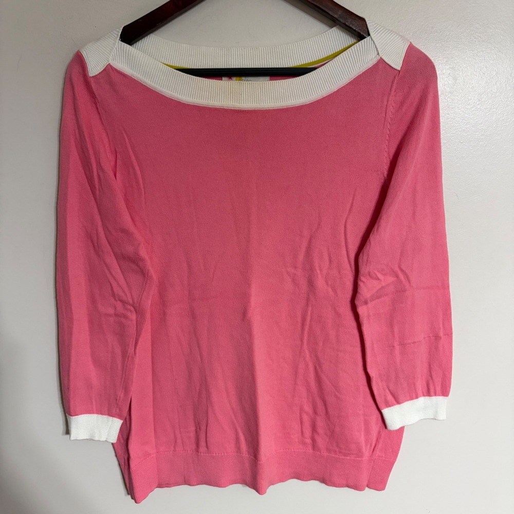 Boden Womens Pink Boat Neck 3/4 Sleeve Knit Sweater White Trim Size M